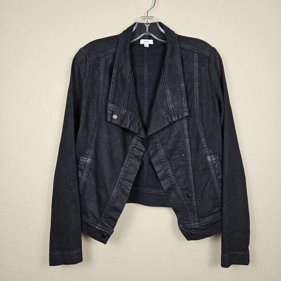 Revolve Vince Coated Denim Moto Jacket Size Small Asymmetrical Snap Waxed Black - Picture 16 of 16